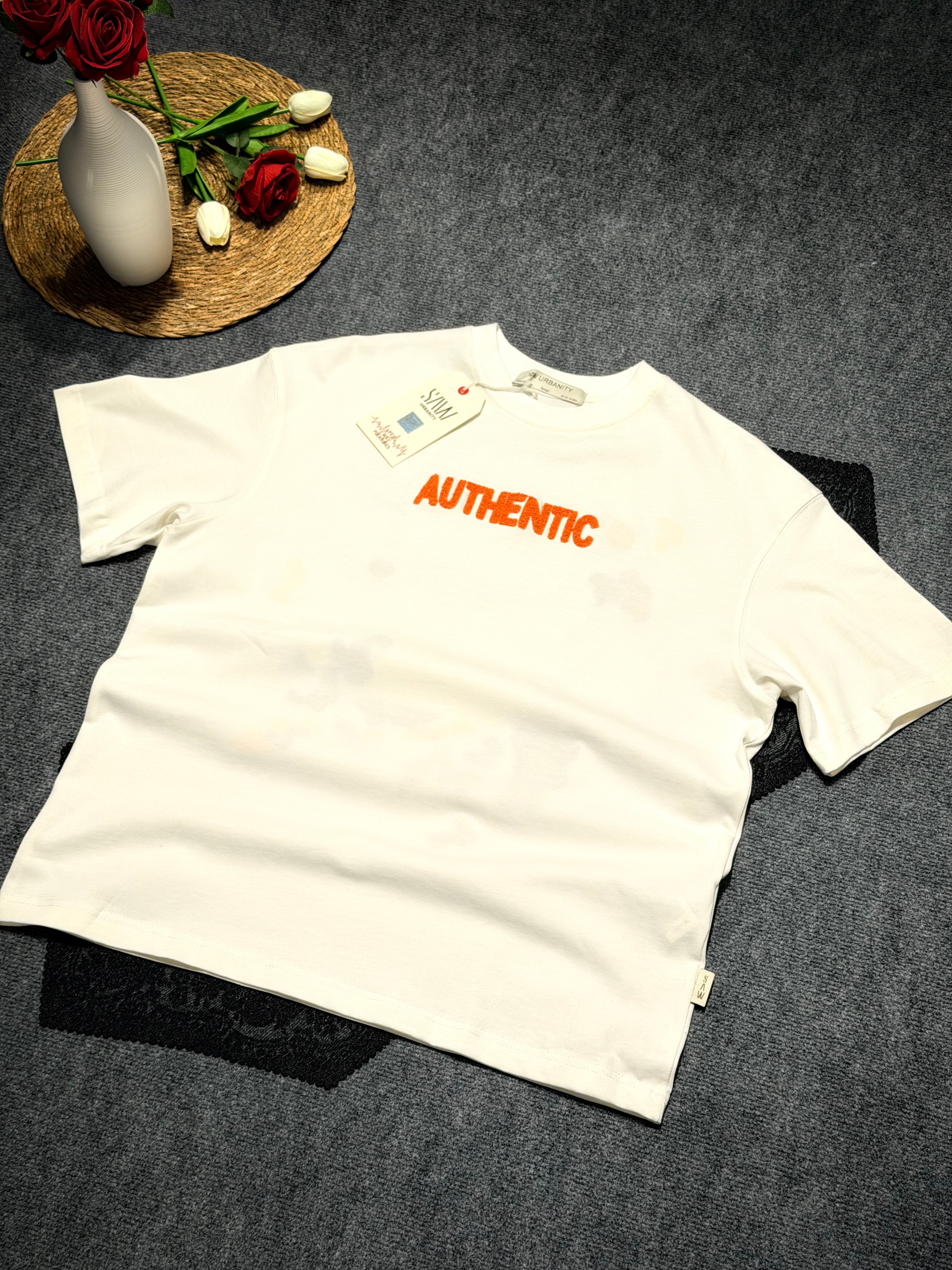 Authentic Desenli Oversize T-shirt Beyaz