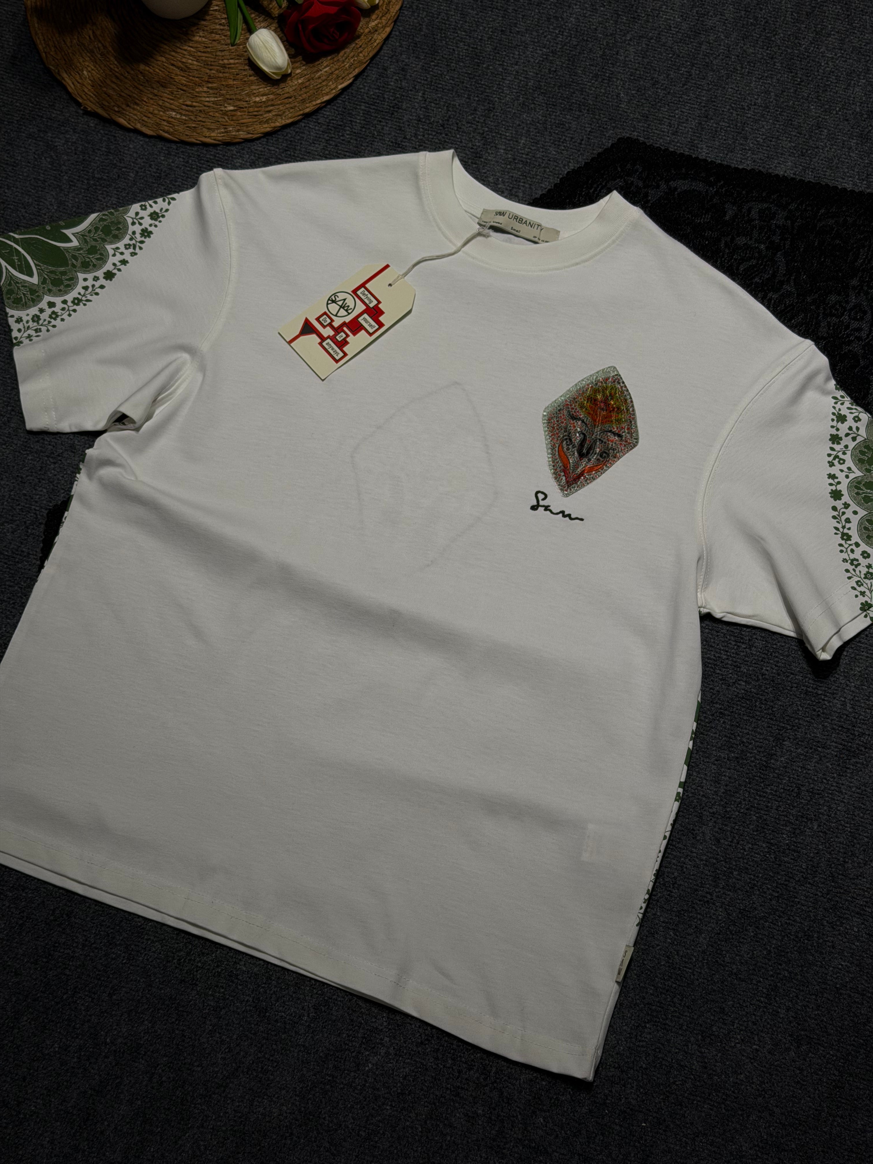 Baklava Desenli Oversize T-shirt Beyaz