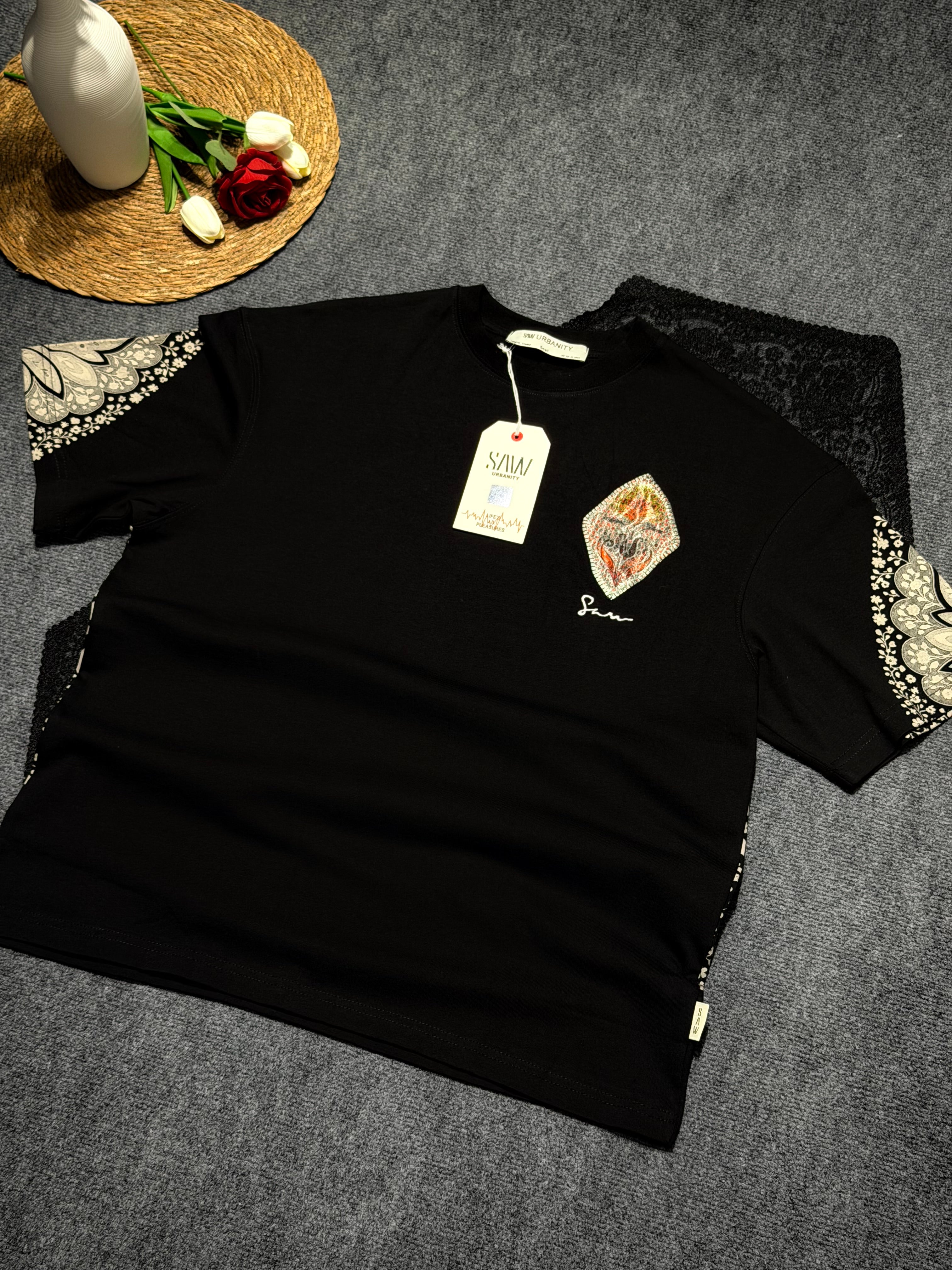 Baklava Desenli Oversize T-shirt Siyah