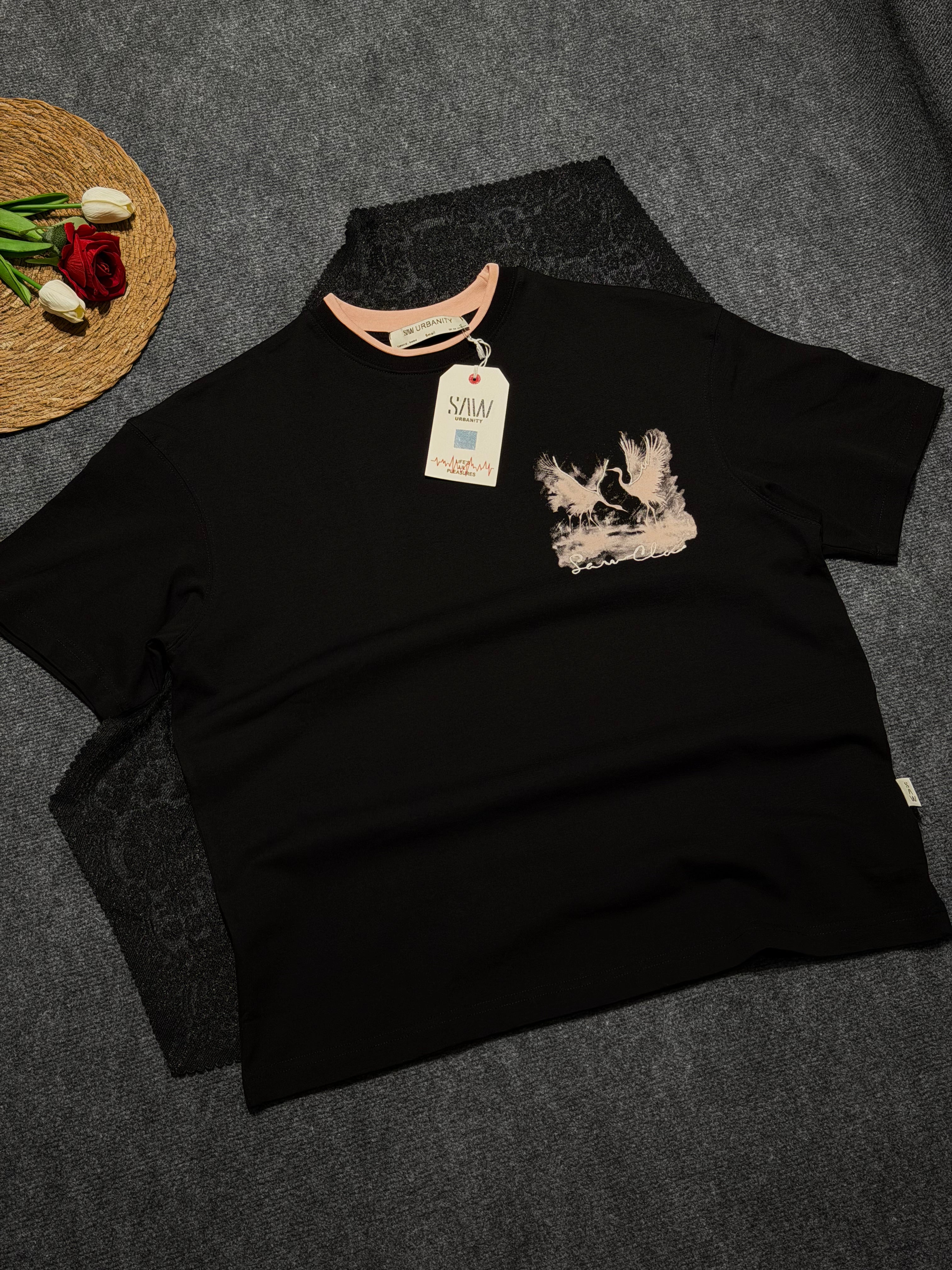 Turna Baskılı Yaka Detaylı Oversize T-shirt Siyah