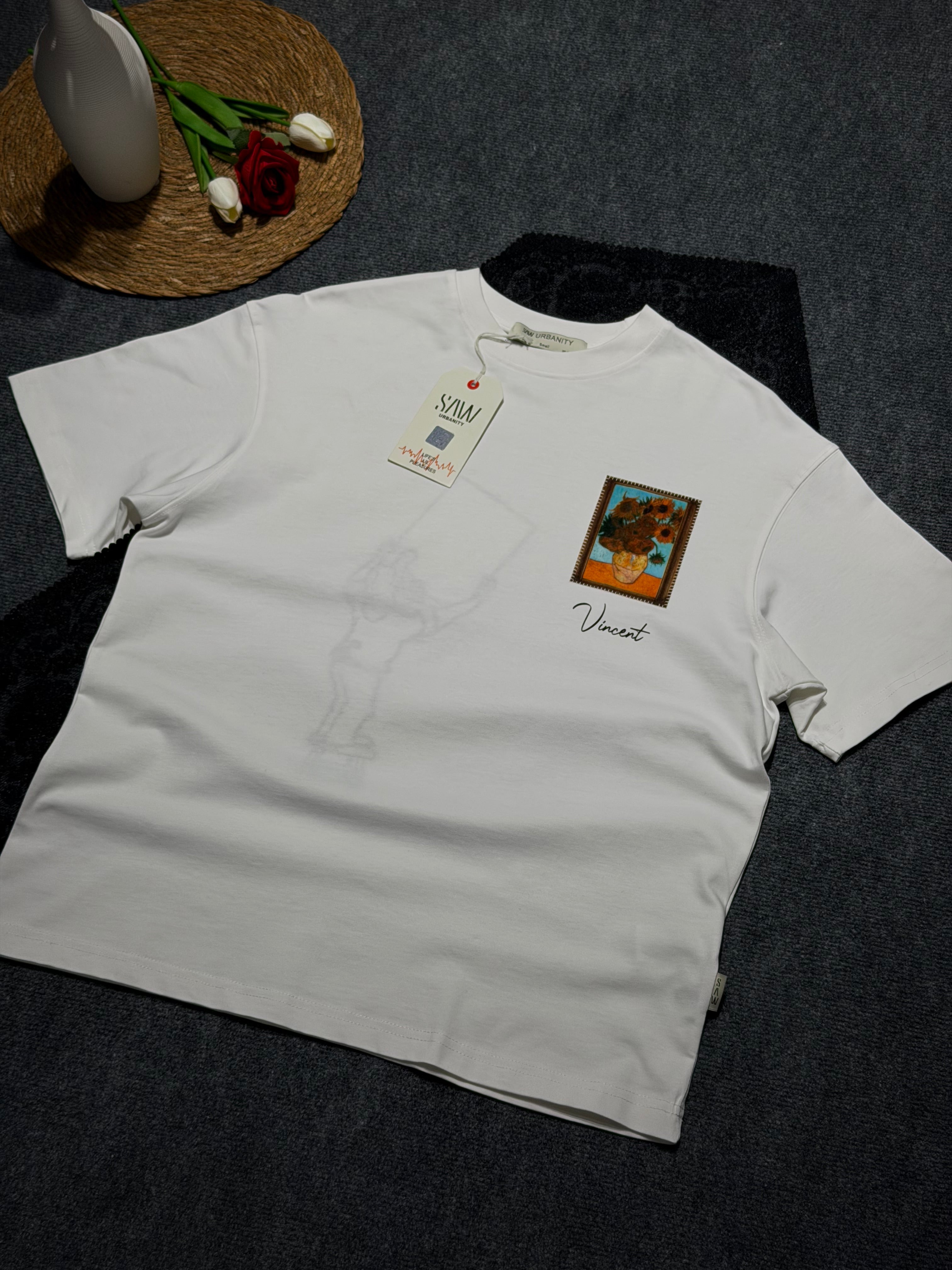 Vincent Van Gogh Baskılı Nakış Detaylı Oversize T-shirt Beyaz