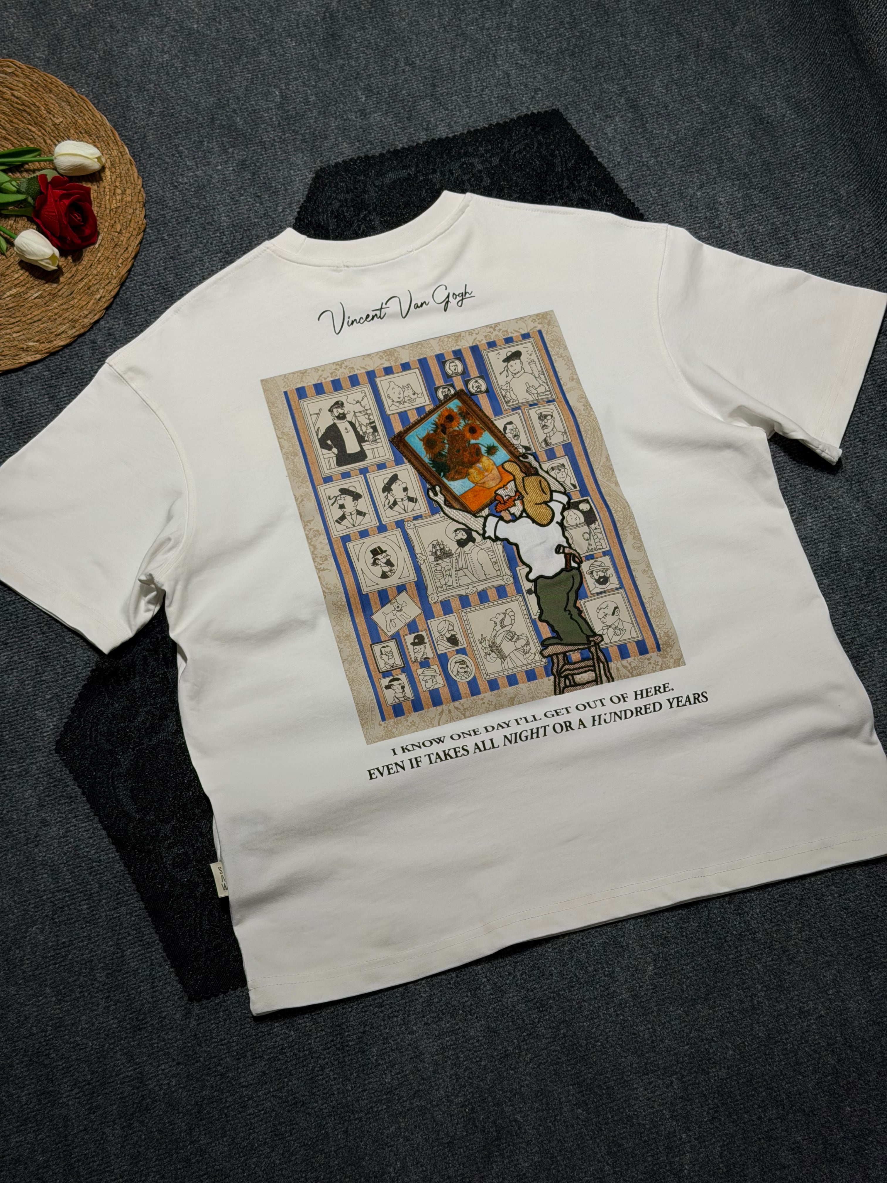 Vincent Van Gogh Baskılı Nakış Detaylı Oversize T-shirt Beyaz