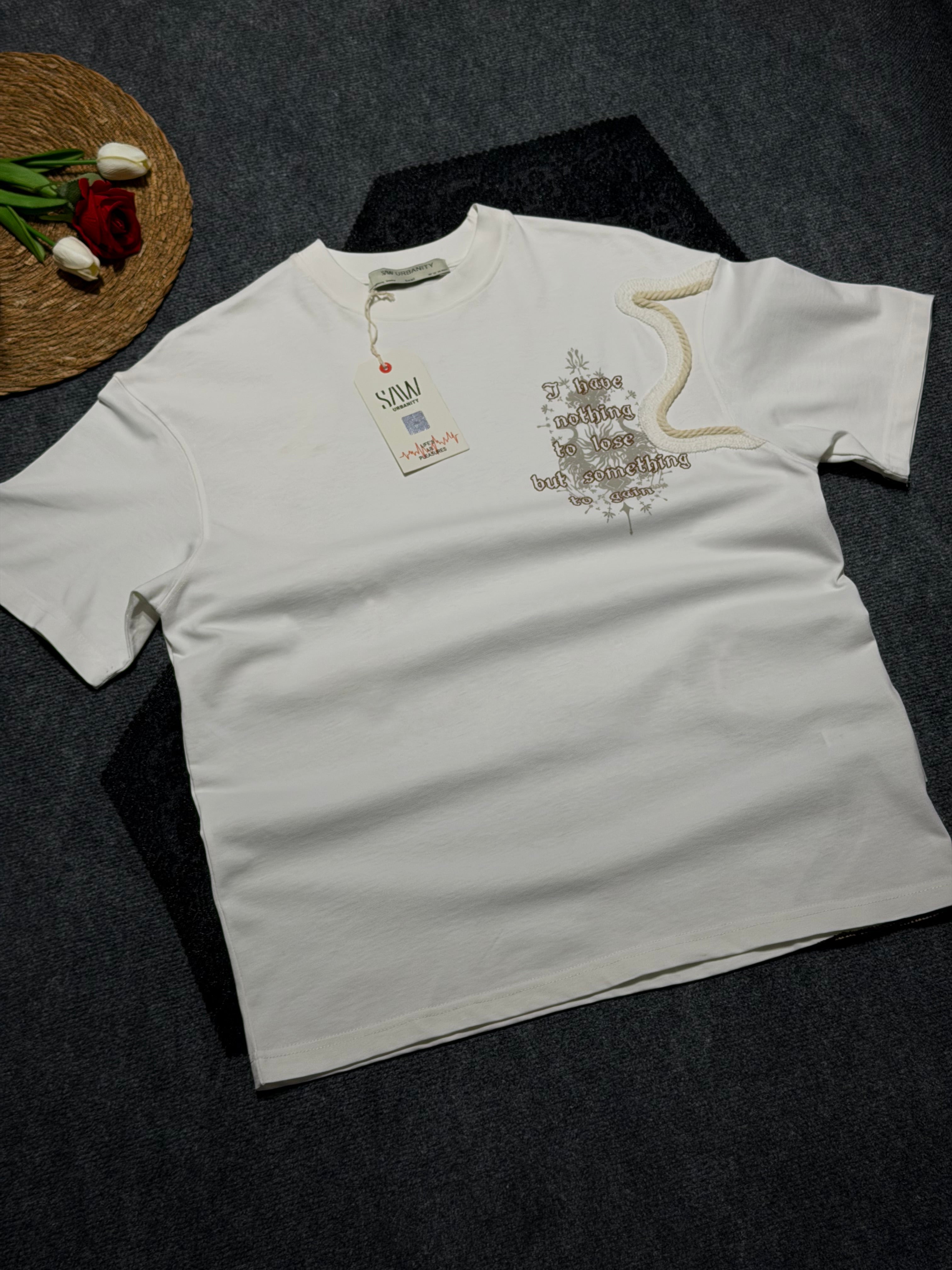 Hasır Şerit Detaylı Kaplan Baskılı Oversize T-shirt Beyza