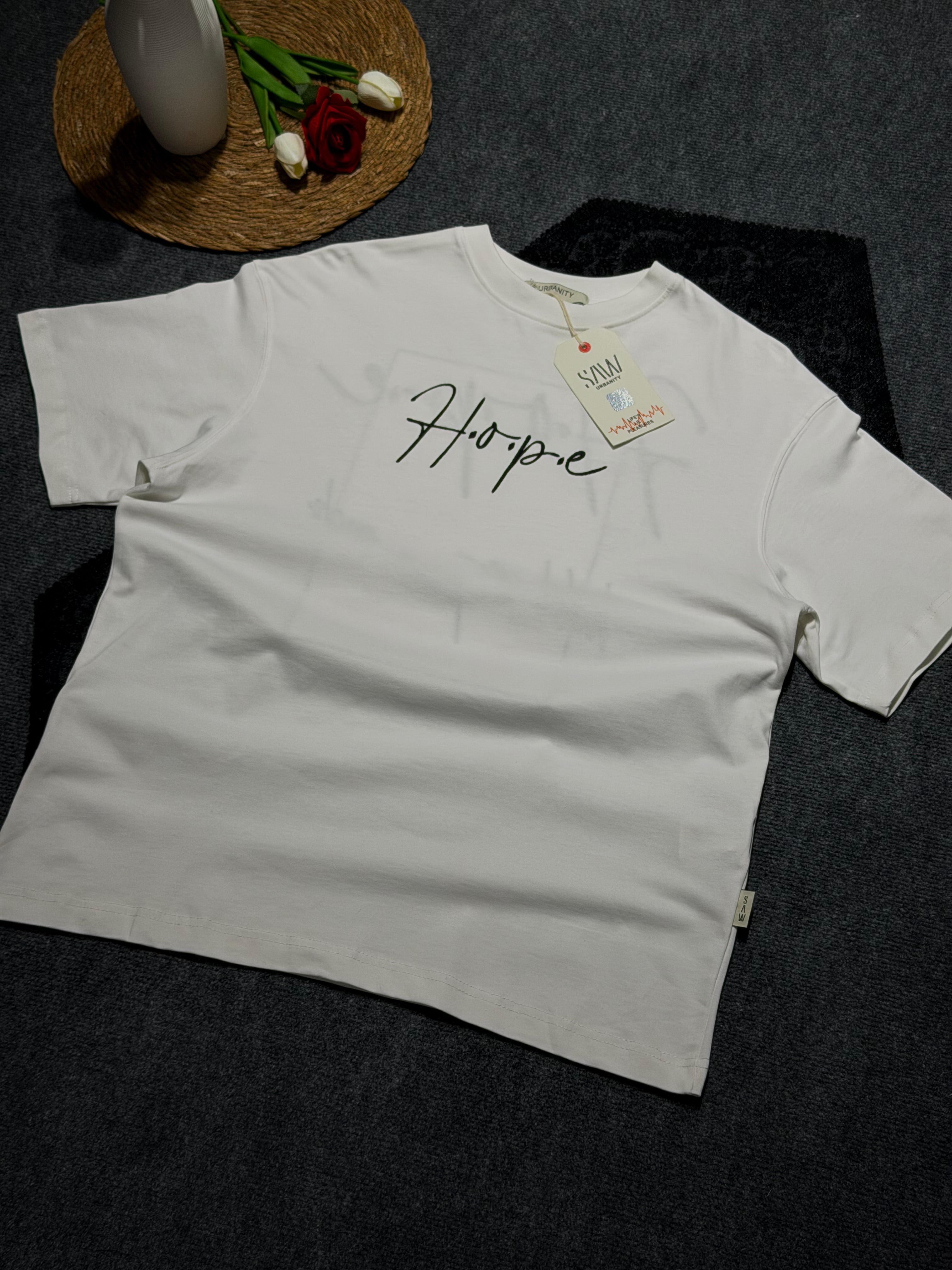 Hope Nakış Baskılı Oversize T-shirt Beyaz