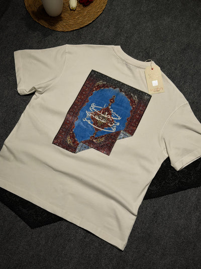 Etnik Halı Desenli Oversize T-shirt Beyaz