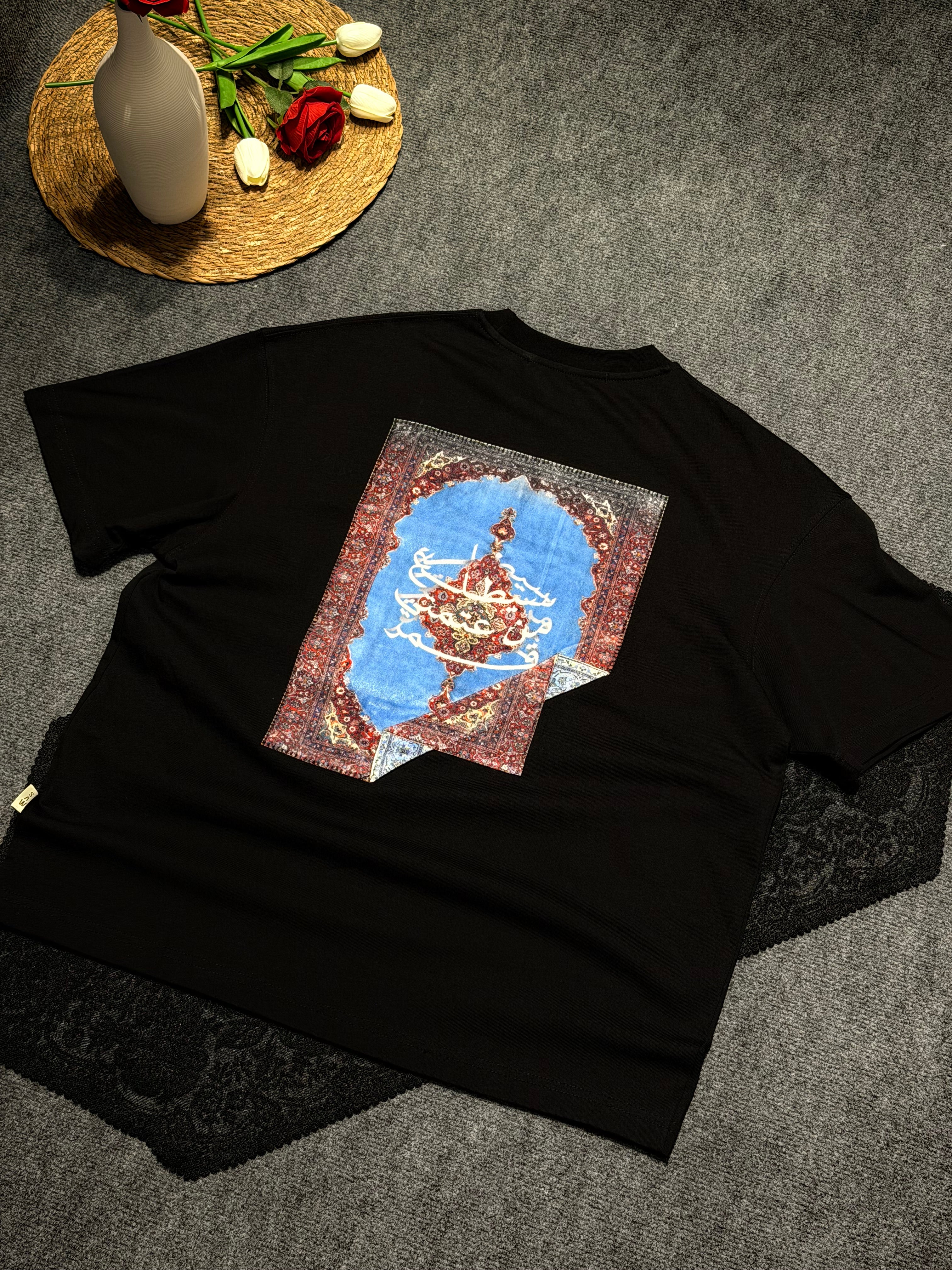 Etnik Halı Desenli Oversize T-shirt Siyah