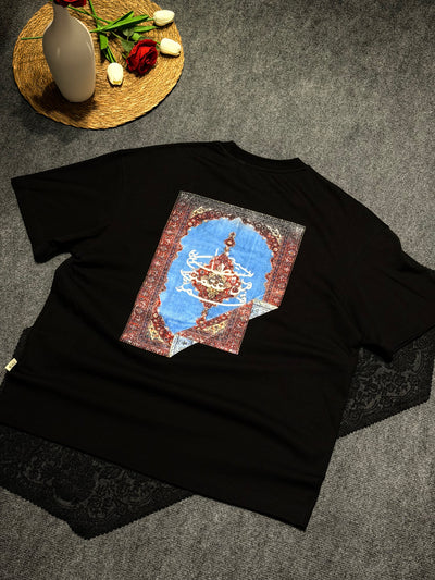 Etnik Halı Desenli Oversize T-shirt Siyah