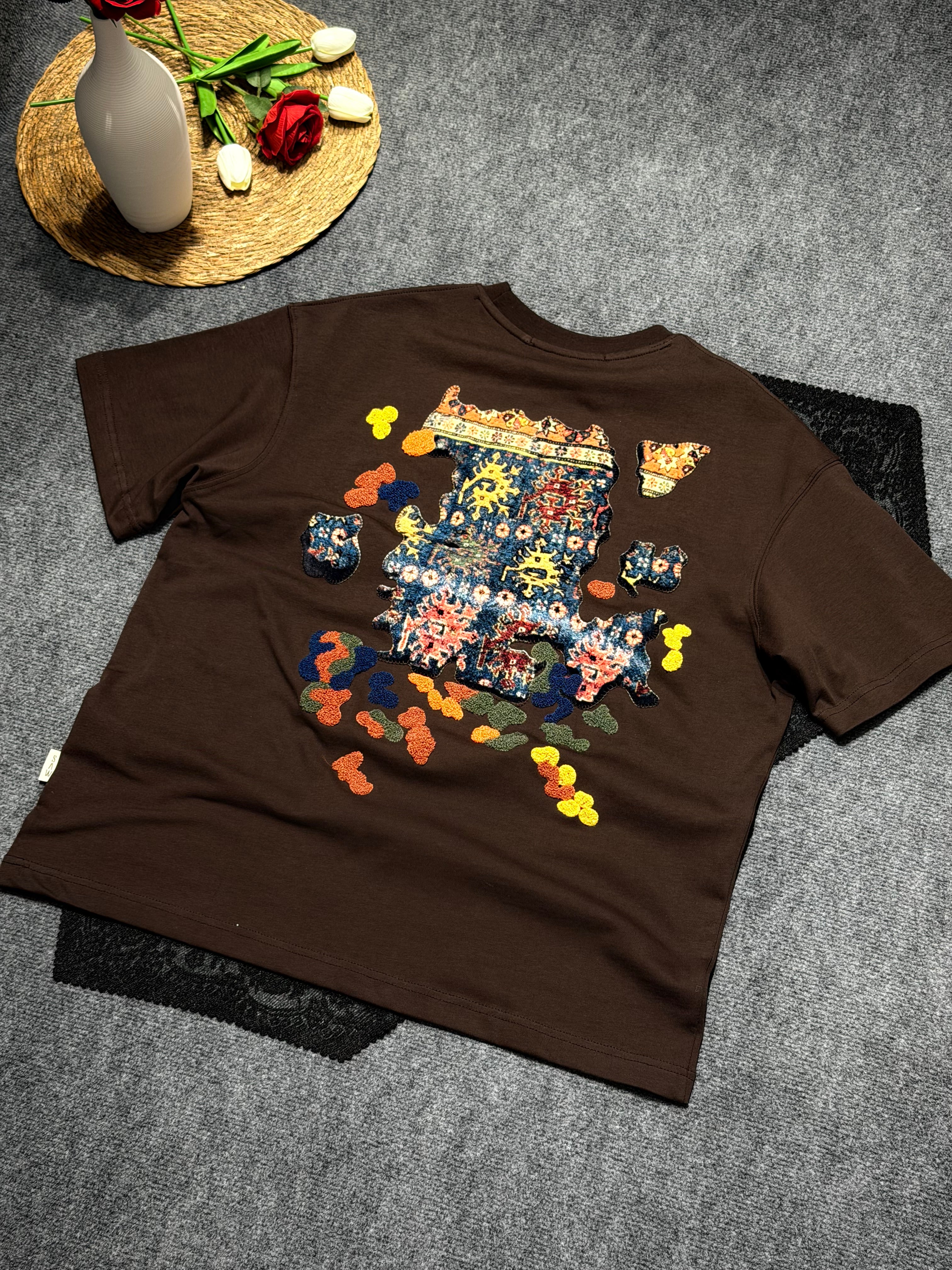 Authentic Desenli Oversize T-shirt Kahverengi