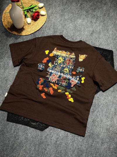 Authentic Desenli Oversize T-shirt Kahverengi