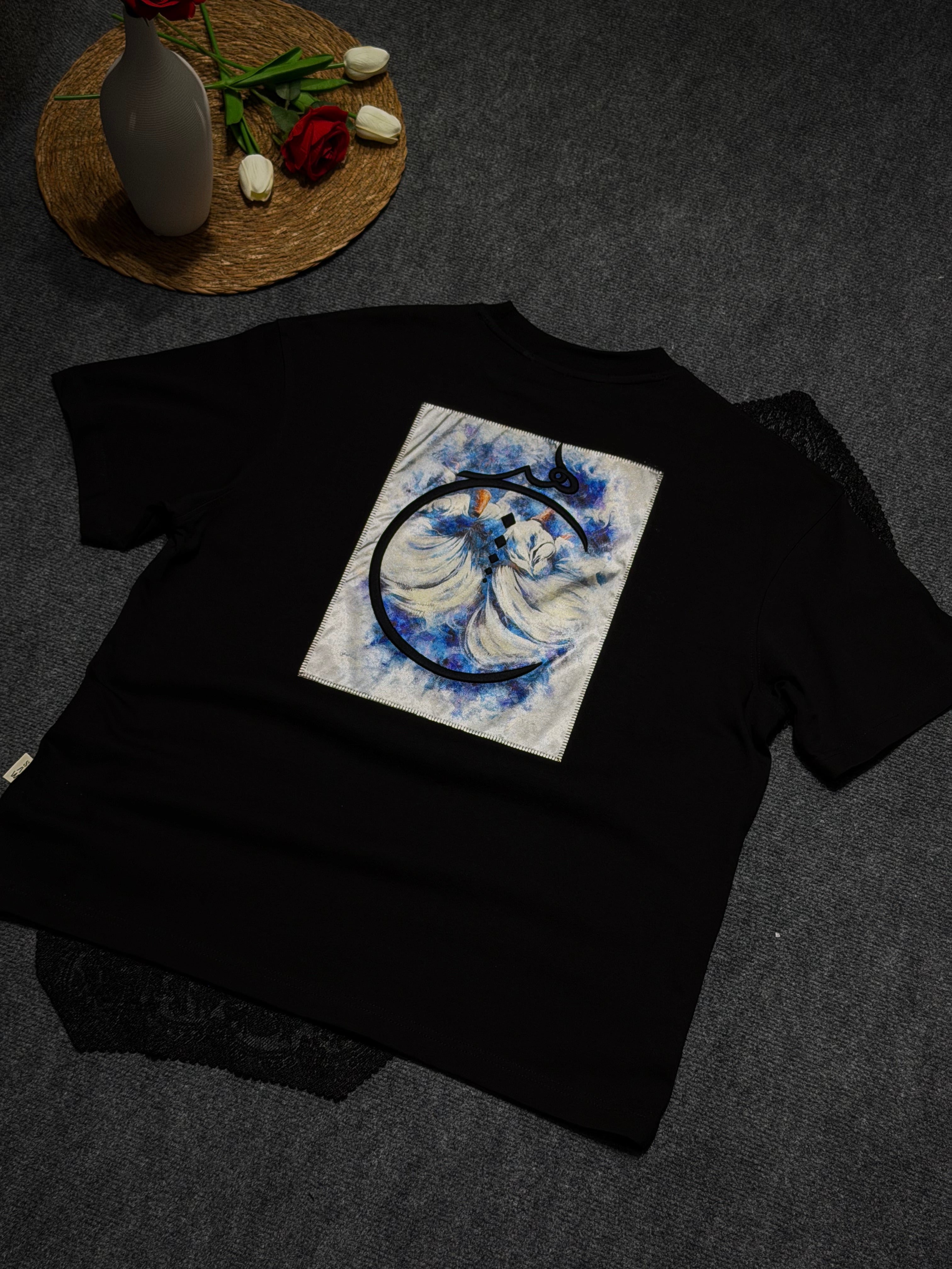 Mevlana Desenli Oversize T-shirt Siyah