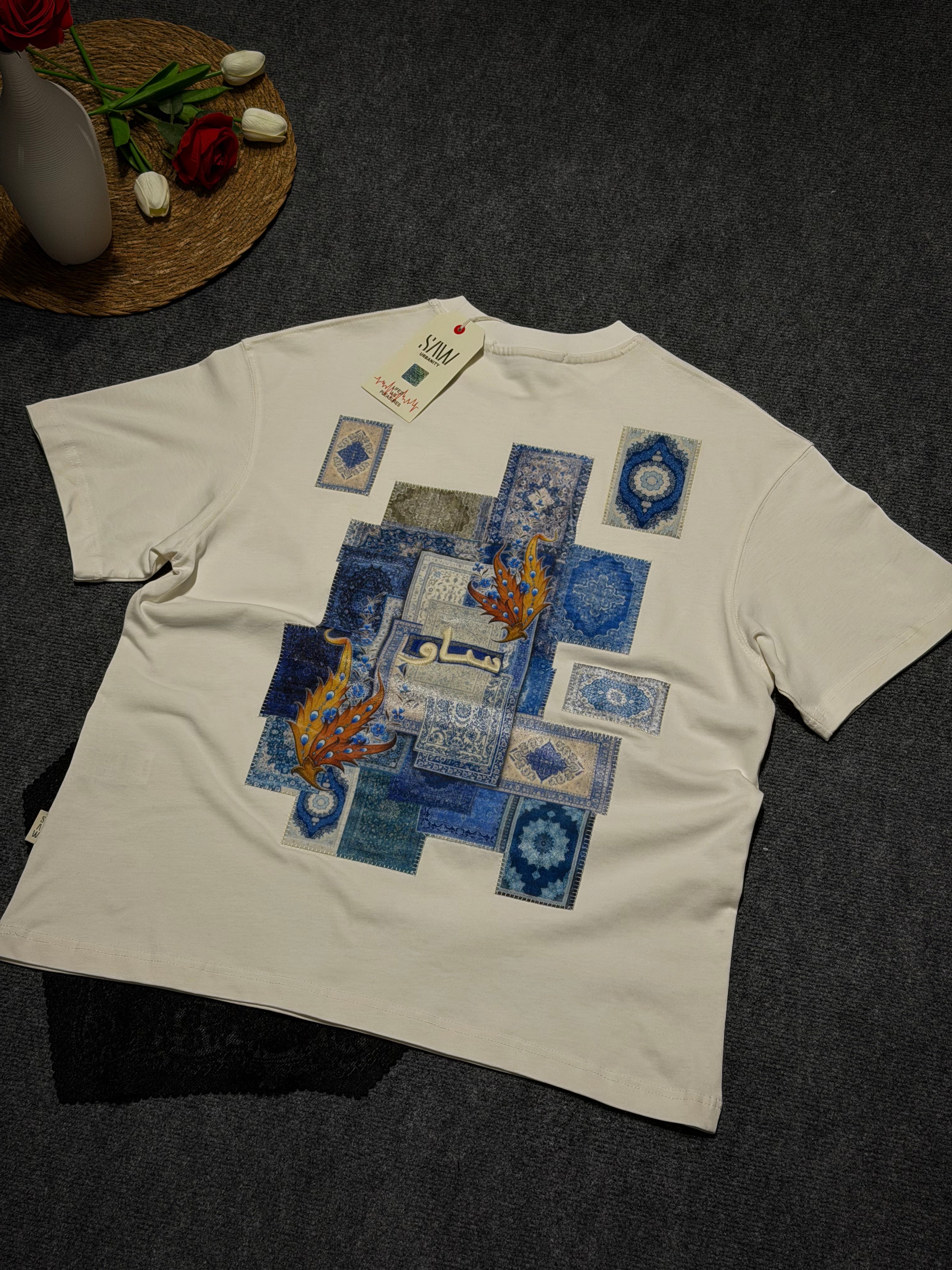 Yap Kilim Desenli Oversize T-shirt Beyaz