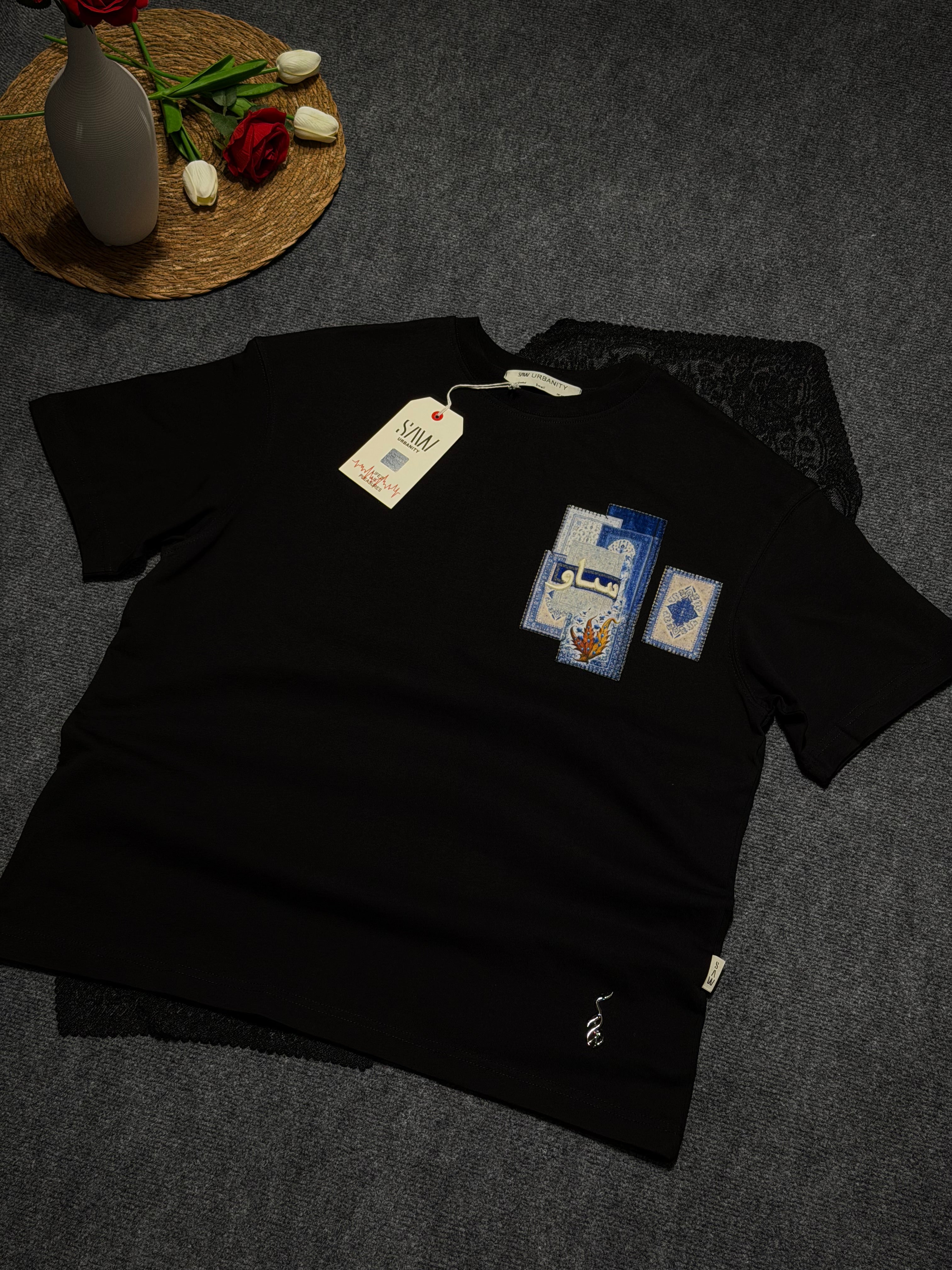 Yap Kilim Desenli Oversize T-shirt Siyah