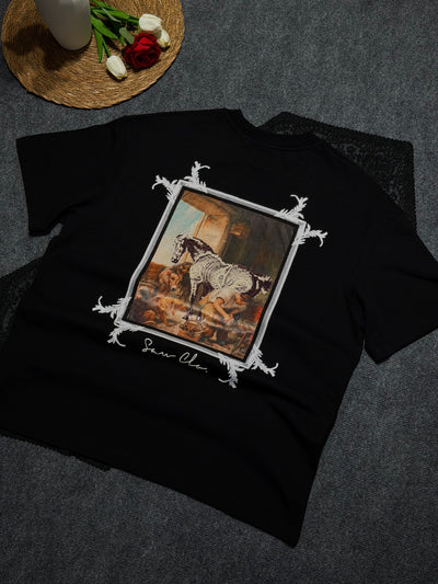 At Tablo Desenli Oversize T-shirt Siyah