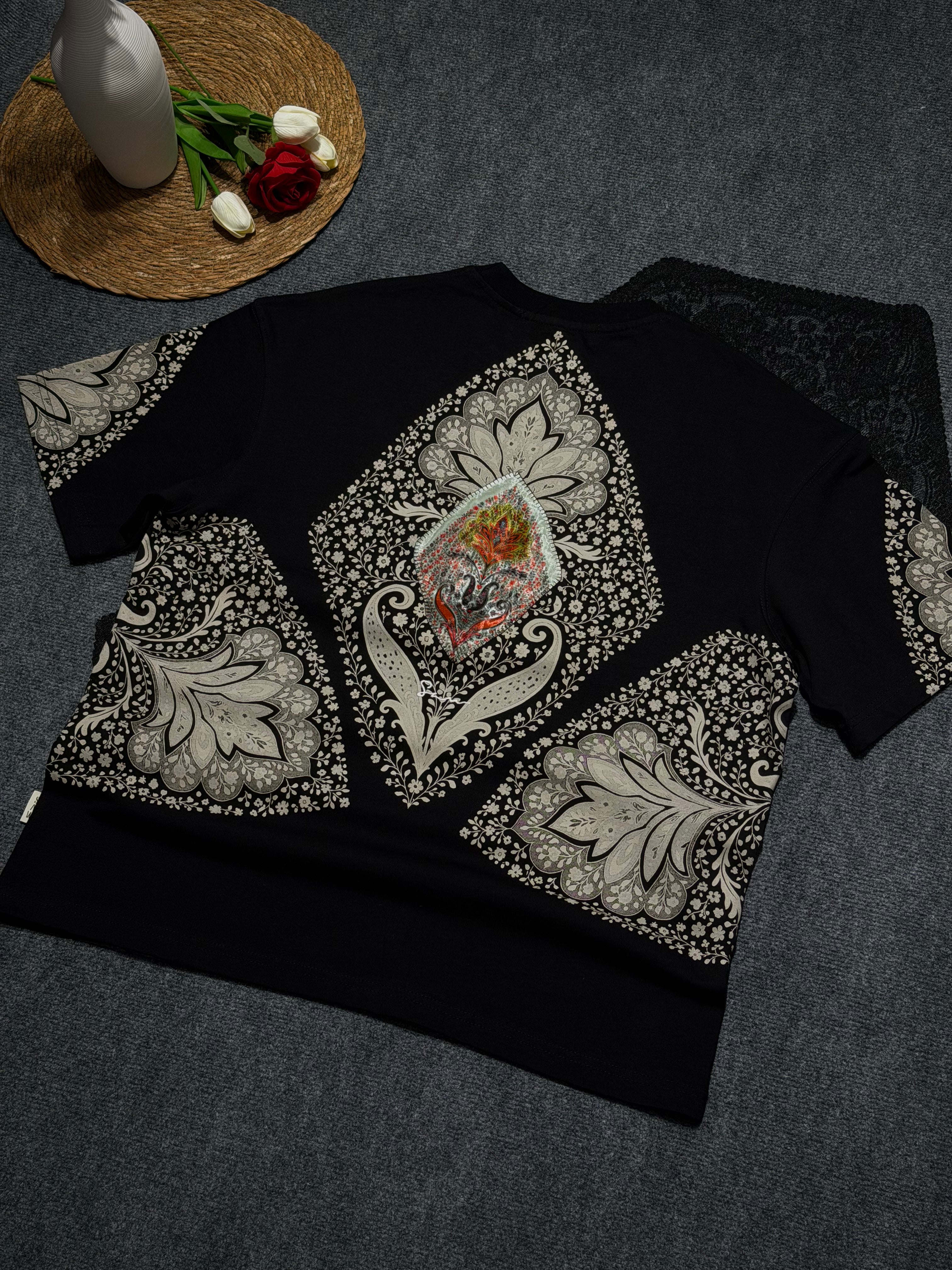 Baklava Desenli Oversize T-shirt Siyah