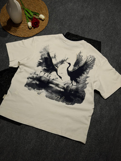 Turna Baskılı Yaka Detaylı Oversize T-shirt Beyza