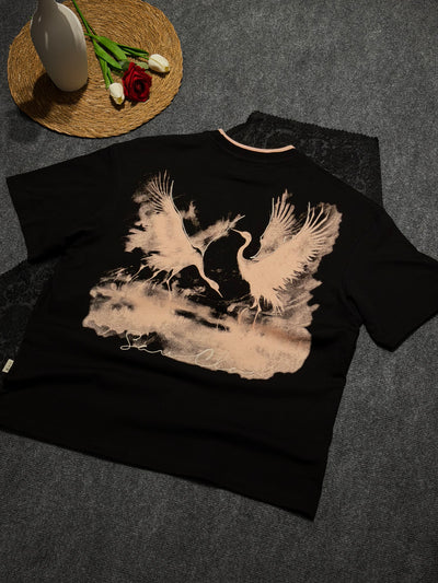 Turna Baskılı Yaka Detaylı Oversize T-shirt Siyah