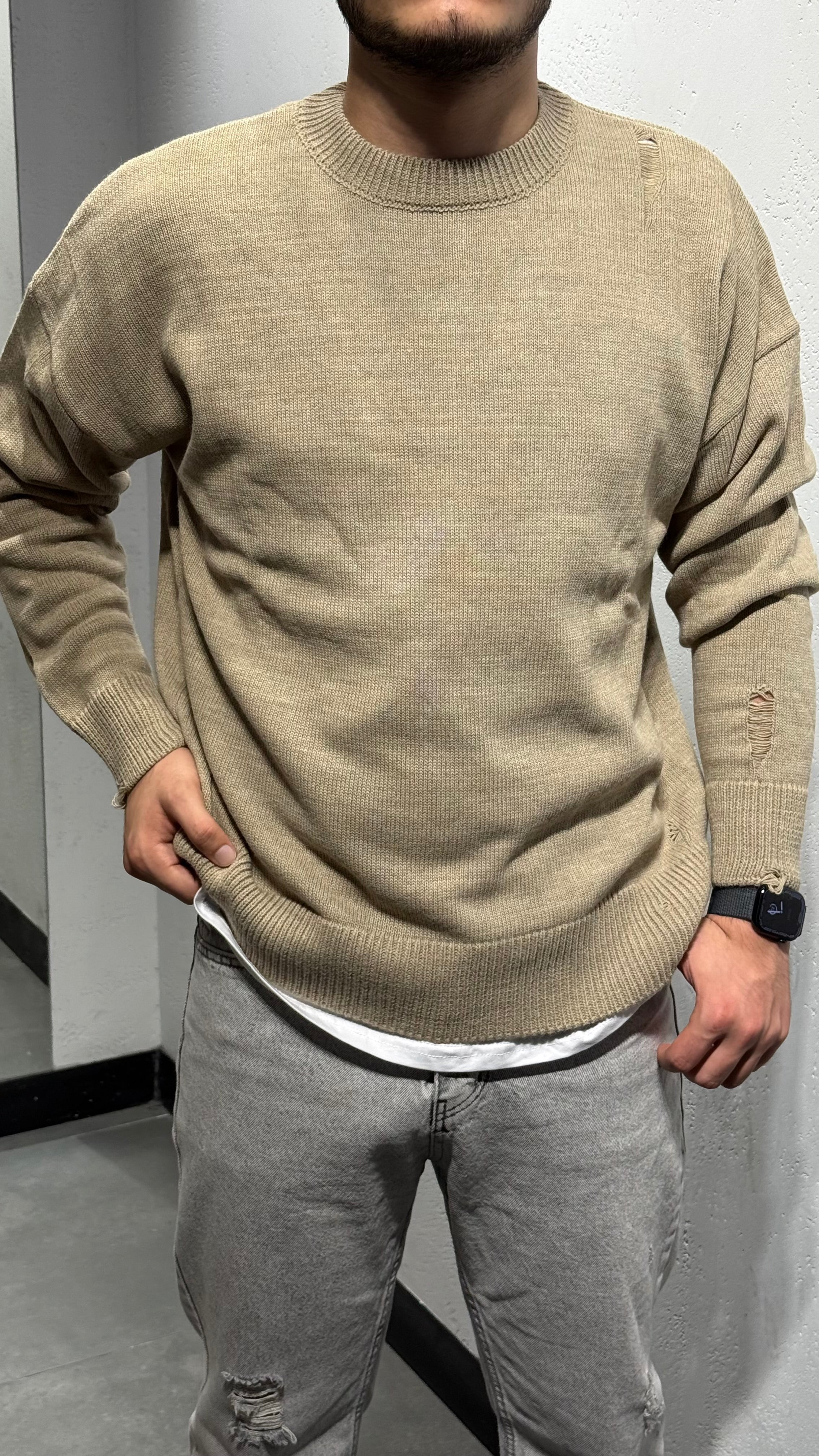 Yırtık Detaylı Basic Triko Kazak