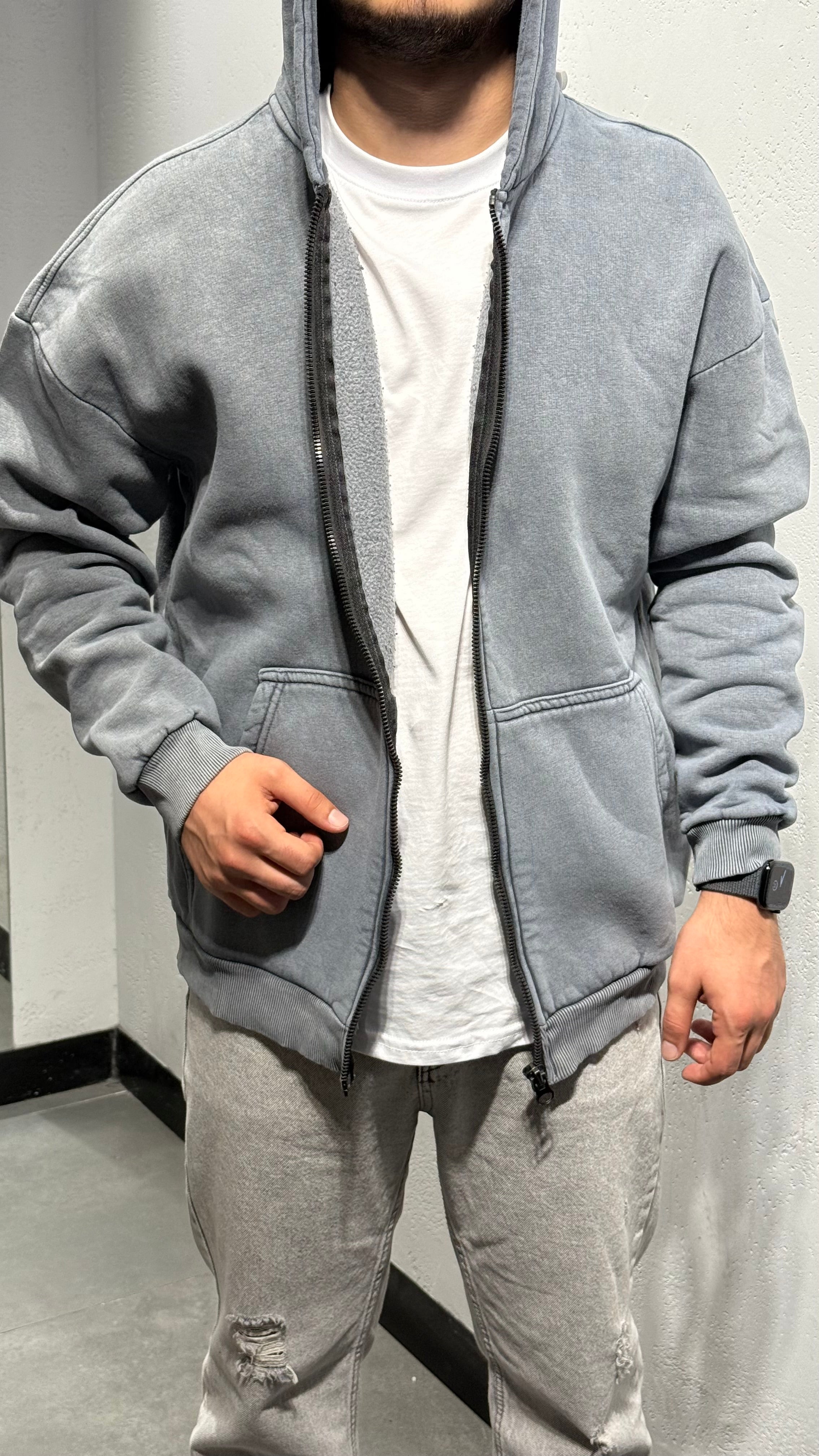 Yıkama Kumaş Kapşonlu Fermuarlı Sweat