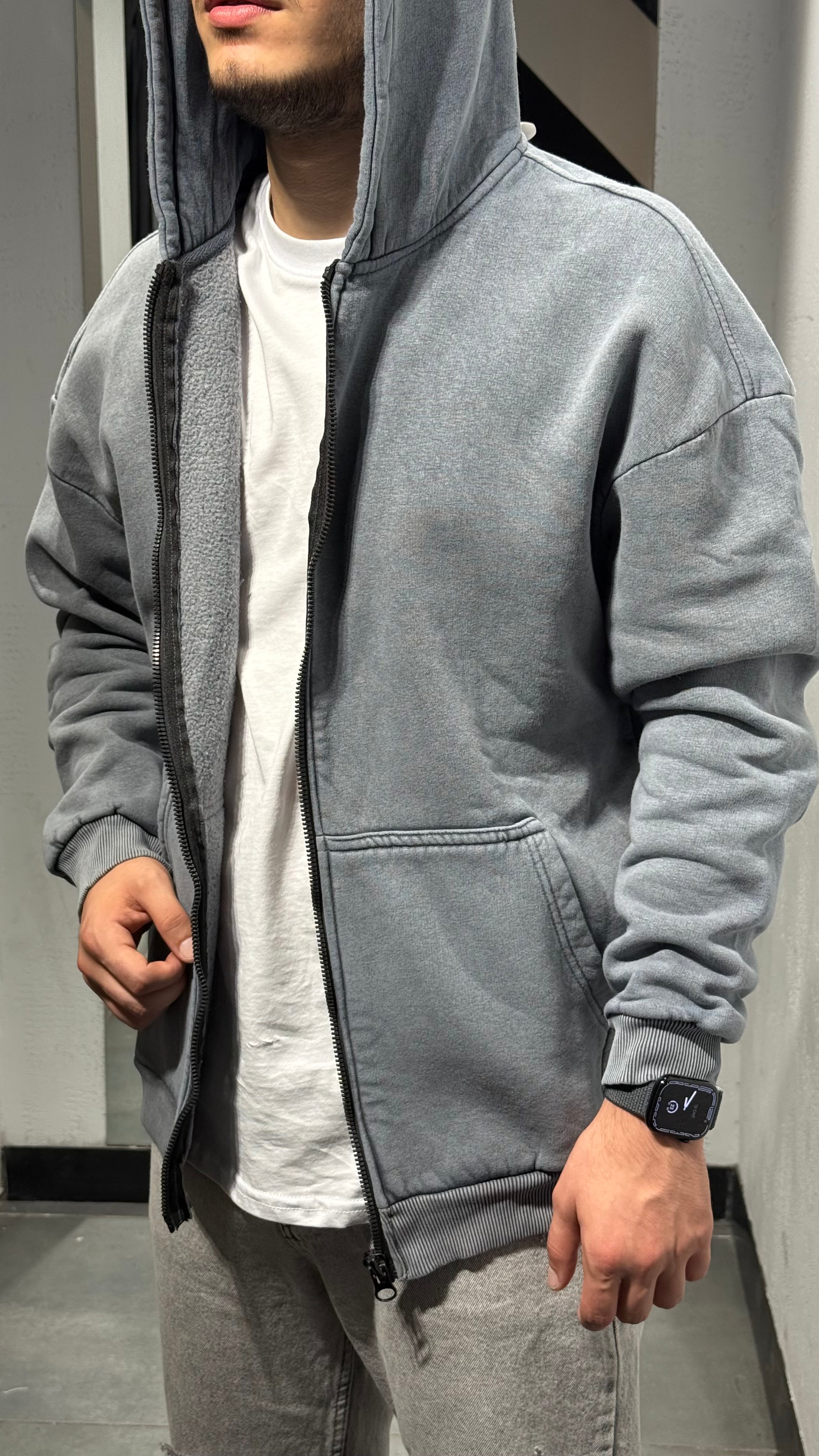 Yıkama Kumaş Kapşonlu Fermuarlı Sweat