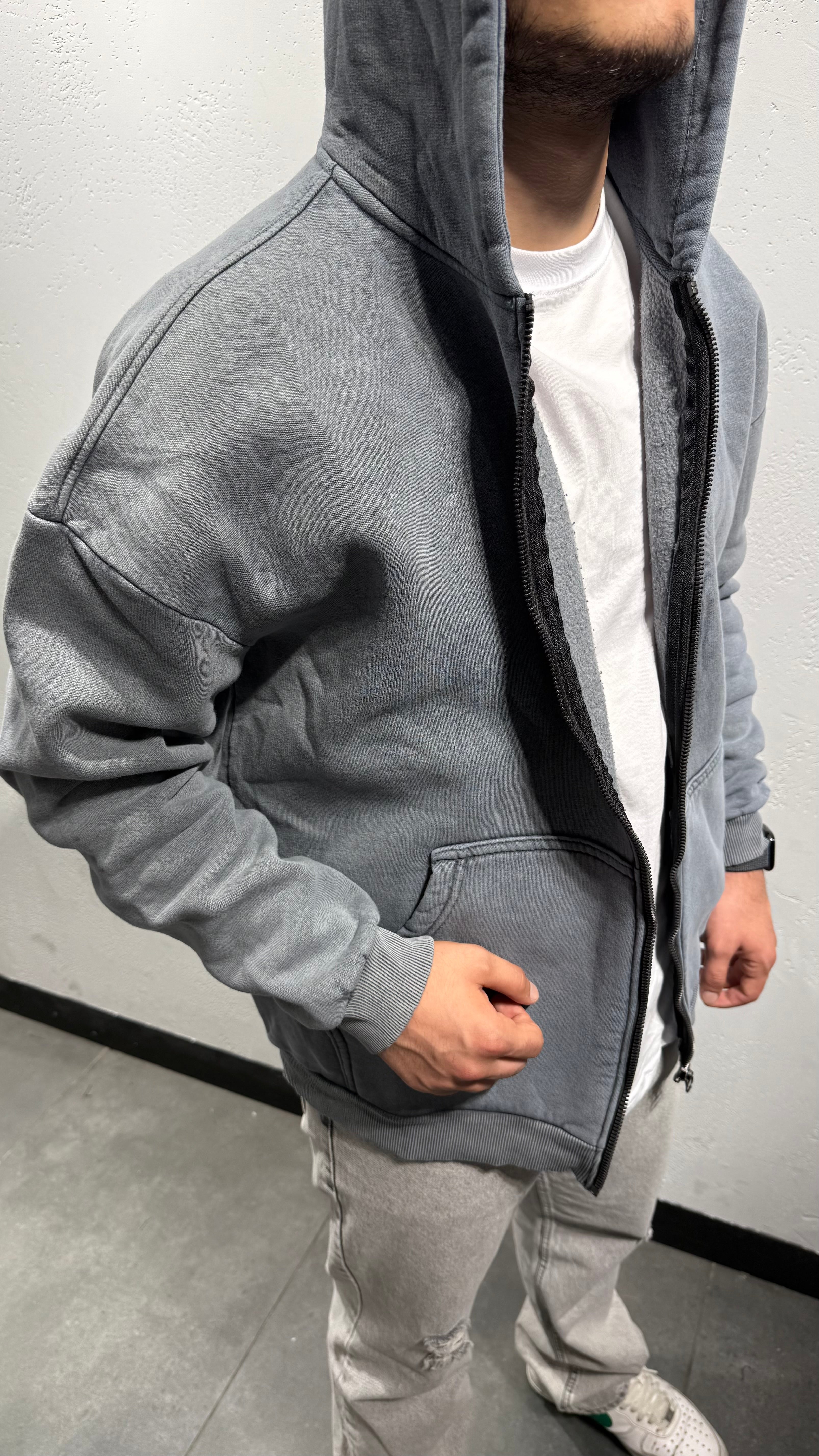 Yıkama Kumaş Kapşonlu Fermuarlı Sweat