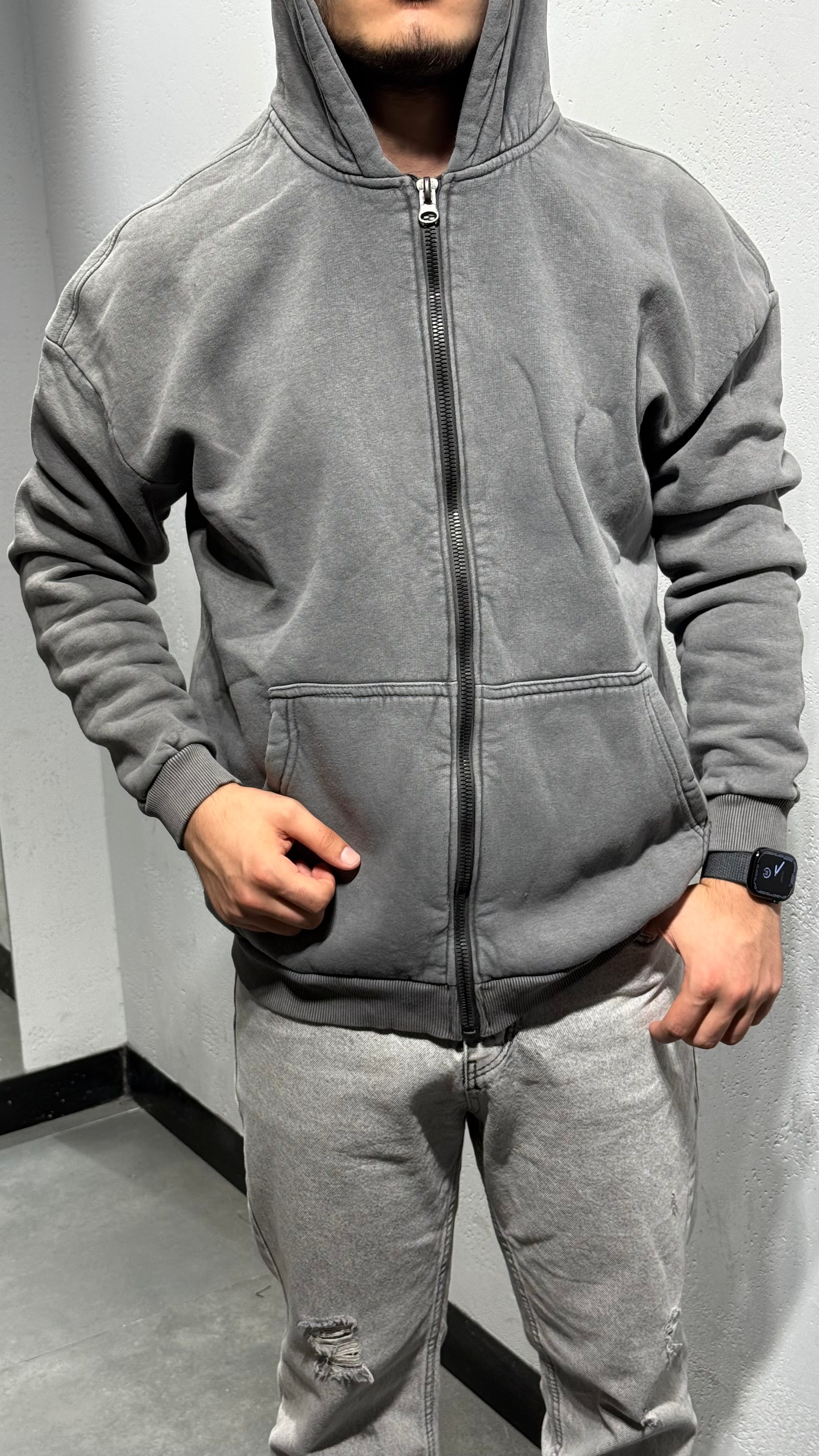 Yıkama Kumaş Kapşonlu Fermuarlı Sweat