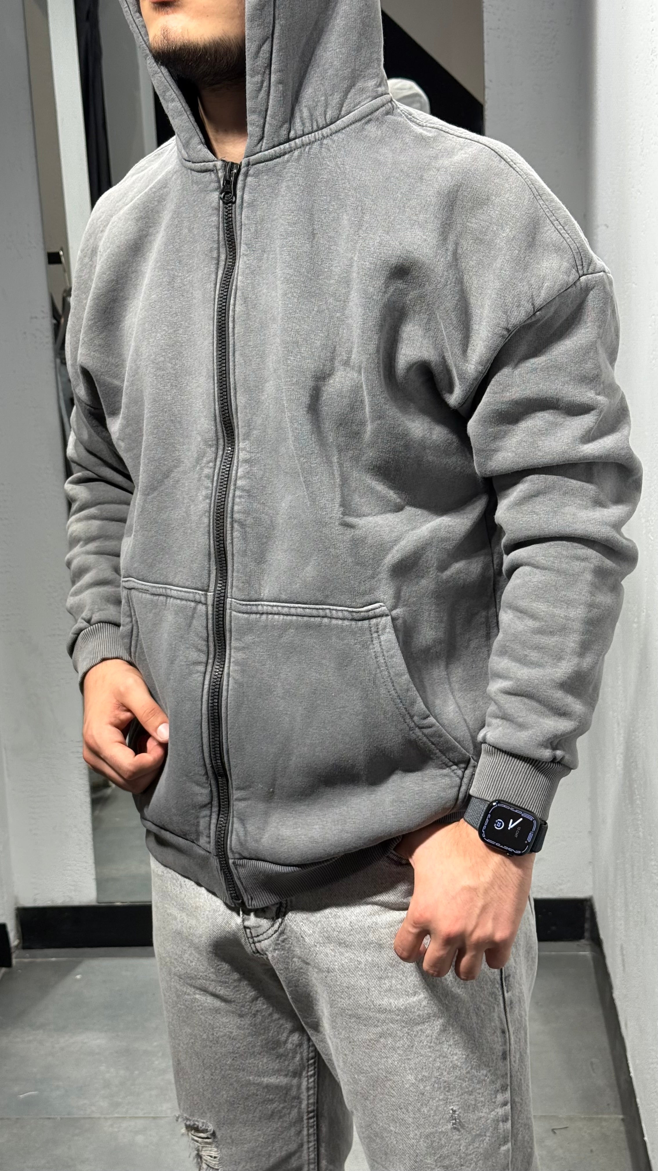 Yıkama Kumaş Kapşonlu Fermuarlı Sweat