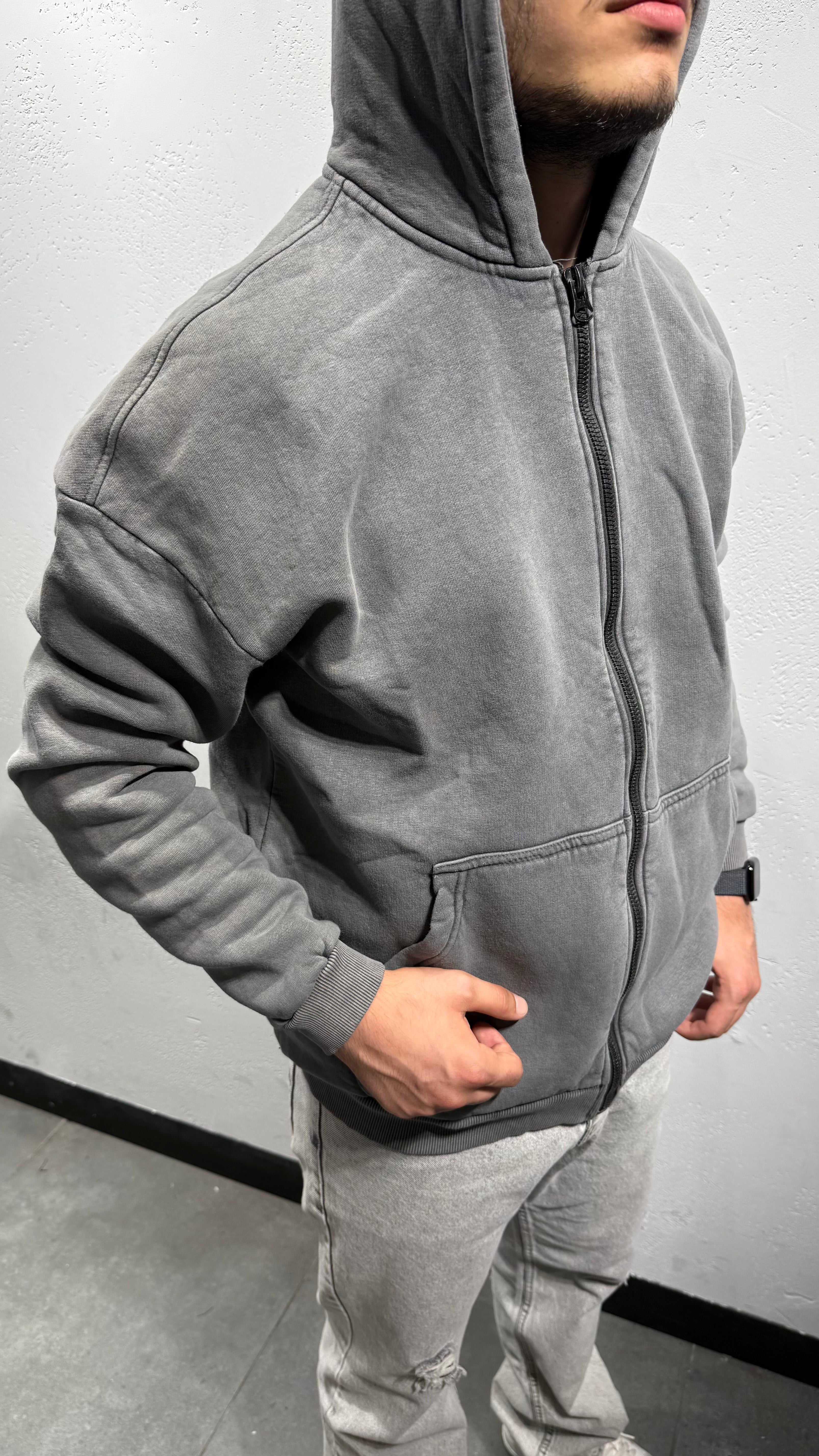 Yıkama Kumaş Kapşonlu Fermuarlı Sweat